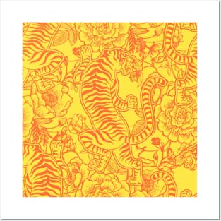 Chinese Tiger Vintage Pattern Sunshine Yellow with Orange - Retro Hong Kong Print Posters and Art